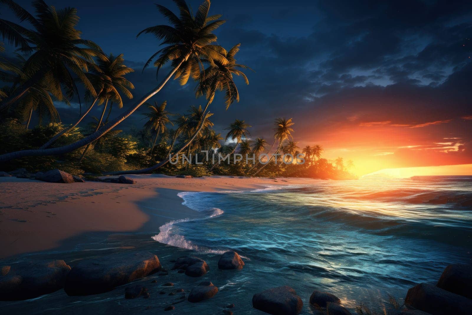 Paradise beach with palm trees at sunset. Tropical climate, beach holidays. Coastline with stormy sea in the evening