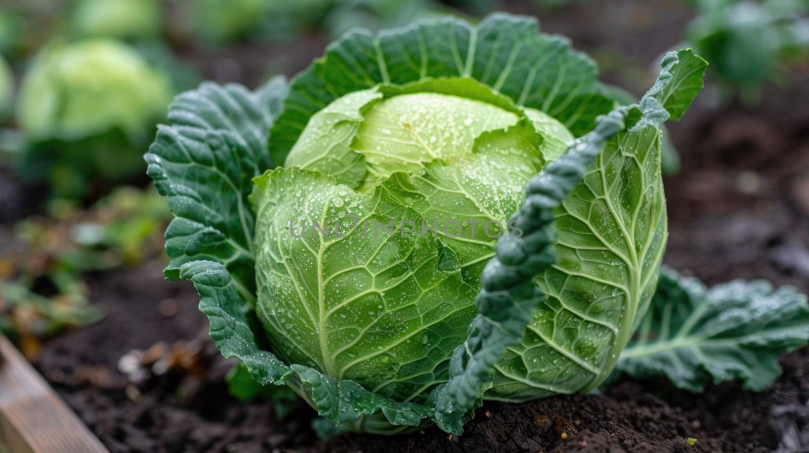 Cabbage with drops of dew grows in open ground. Farm products. Growing organically pure and healthy vegetables