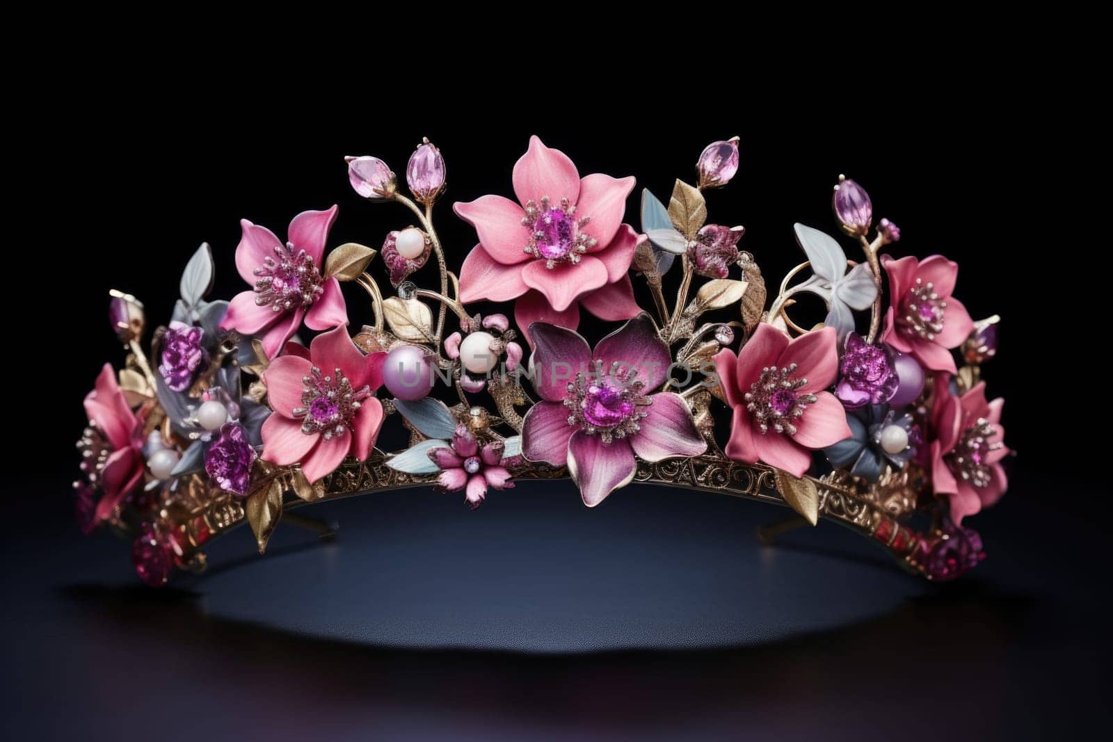 Beautiful tiara with flowers isolated on dark background. Floral jewelry wreath on head