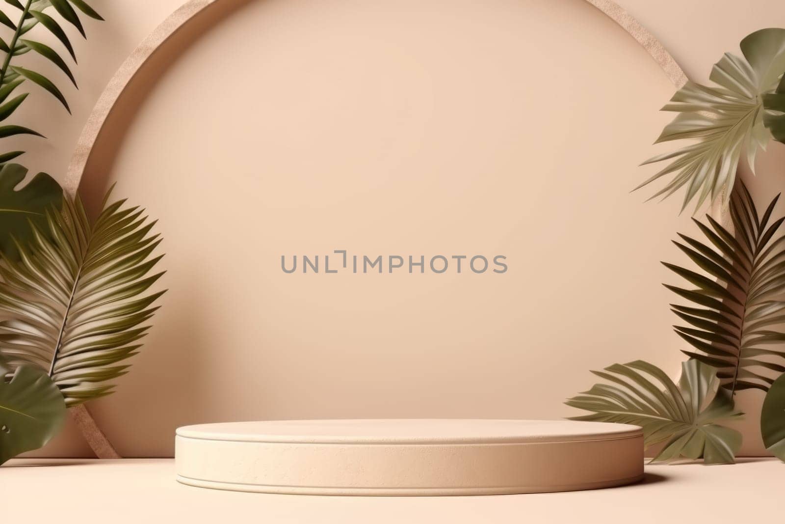 Round pedestal in soft beige color surrounded by tropical leaves. Podium for product presentation