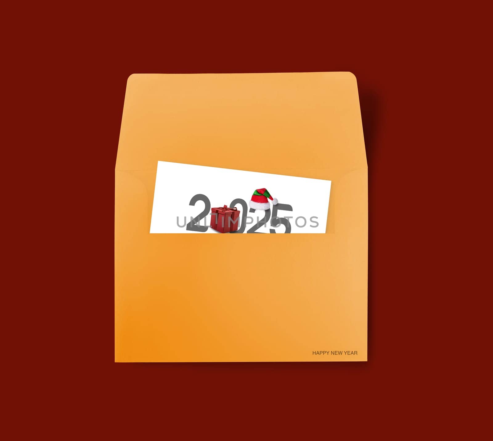 2025 New year text envelope concept on a red background. 3d illustration