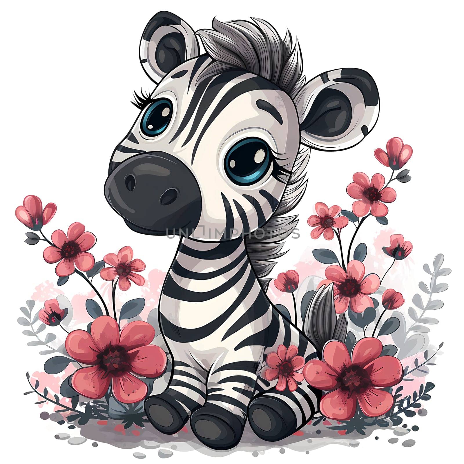 Cute zebra character with flowers sticker. Funny zebra in grass and flowers clip art