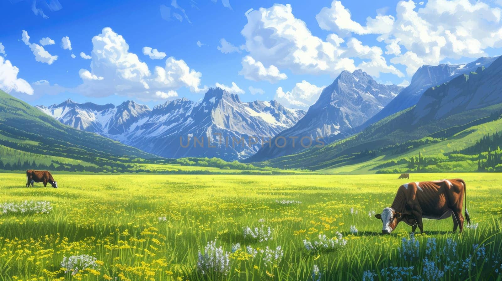 Cows graze in meadow against the background of mountains on clear sunny day. Dairy or beef livestock