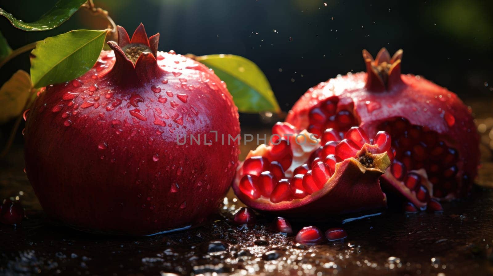 Juicy ripe pomegranate fruit with ripe seeds. Broken pomegranate in water drops, healthy organic food, desktop version