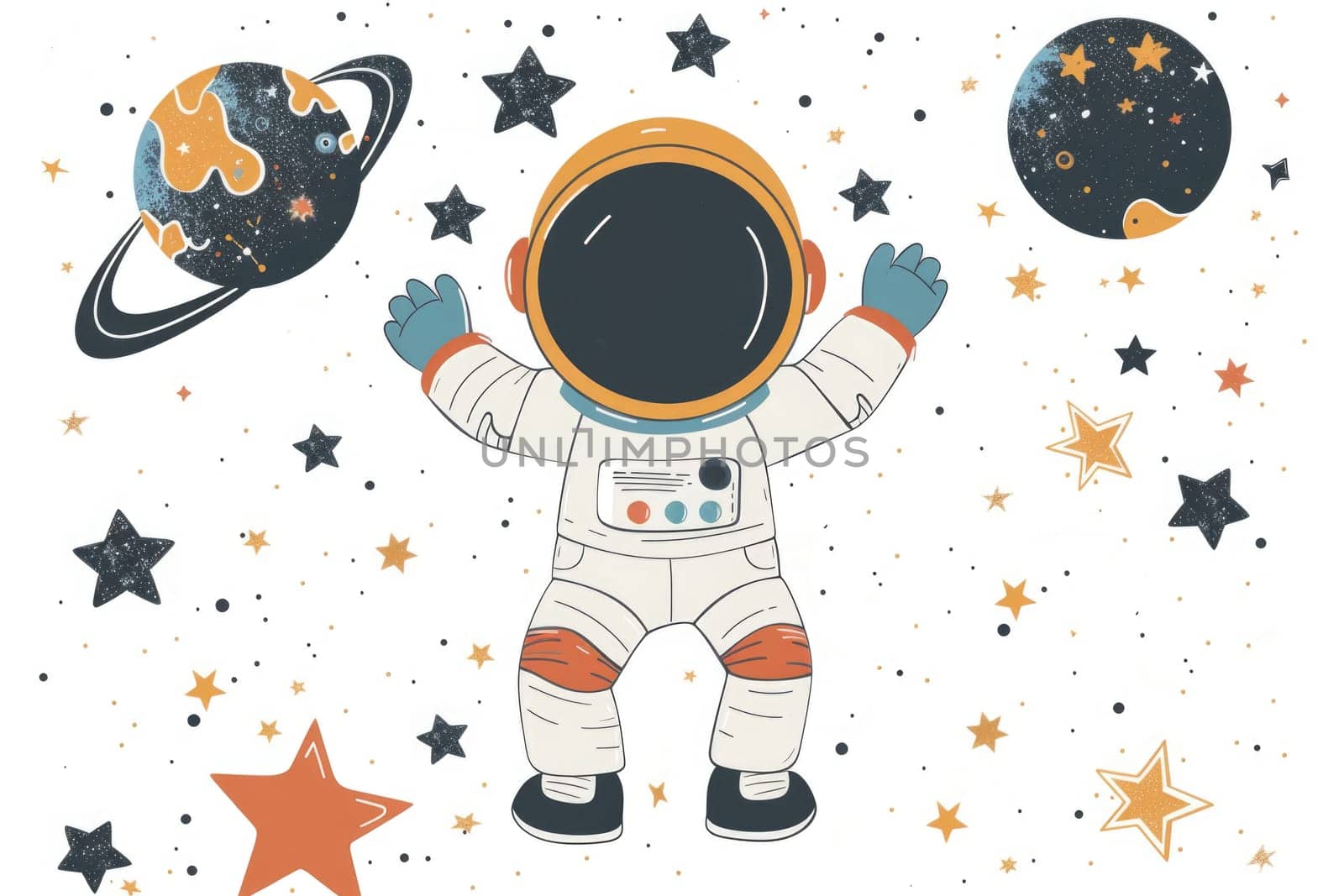 Astronaut in outer space among stars, asteroids and planets illustration. Baby character astronaut in space