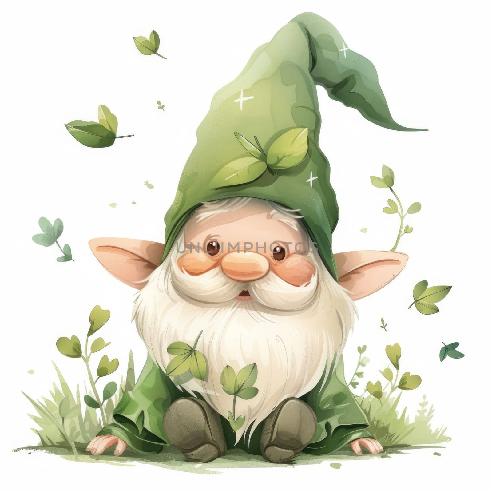 Cute forest gnome in hat, with long beard and pointy ears. Funny grandfather gnome sitting in the grass, baby fairy tale character