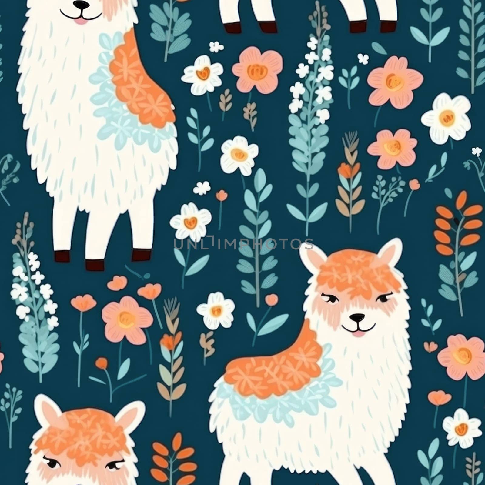 Ilamas in flowers and herbs background. Funny fluffy alpaca seamless pattern. Baby characters, colorful print for textiles, packaging and design