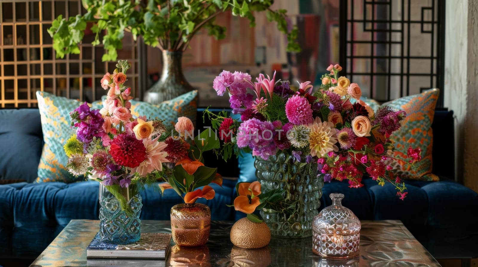 A table with a vase of flowers and a vase of flowers with a gold top. The flowers are in different colors and the vases are in different sizes