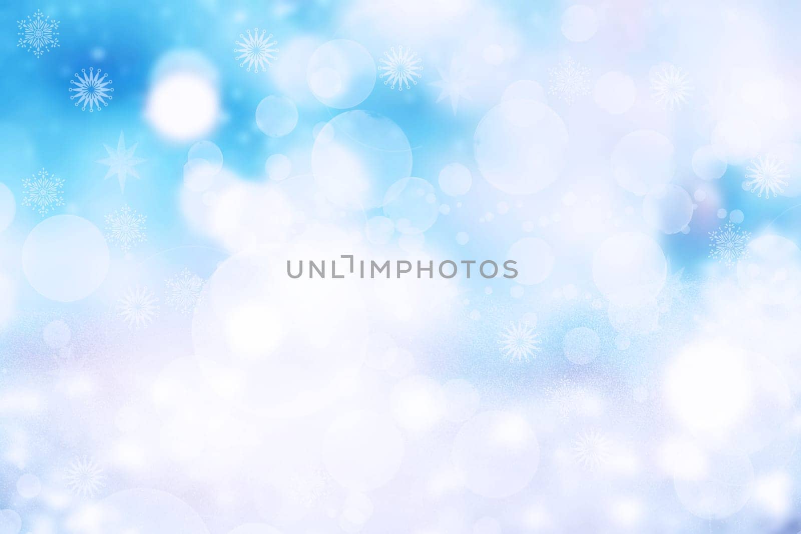 Abstract blurred festive delicate winter christmas or Happy New Year background with shiny blue and white bokeh lighted stars. Space for your design. Card concept.