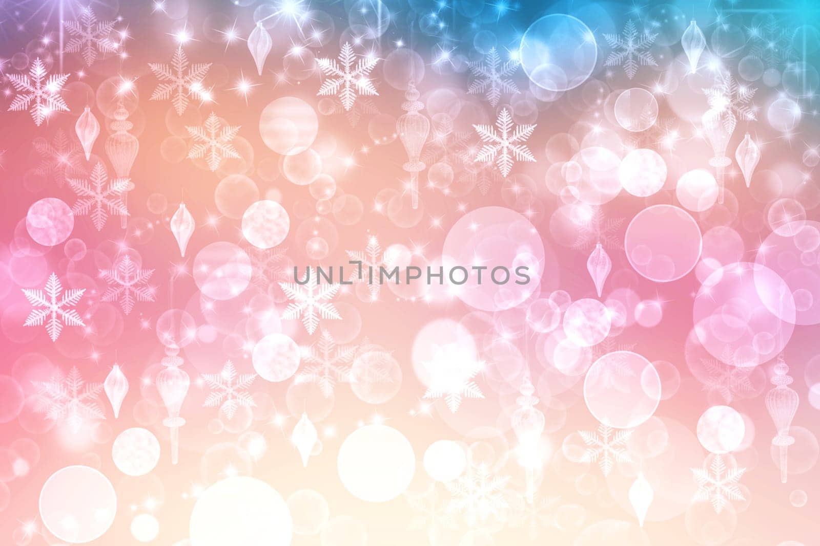 A festive abstract delicate Happy New Year or Christmas background texture with colorful gold yellow blue pink blurred bokeh lights and stars. Space for design. Card concept or advertising.