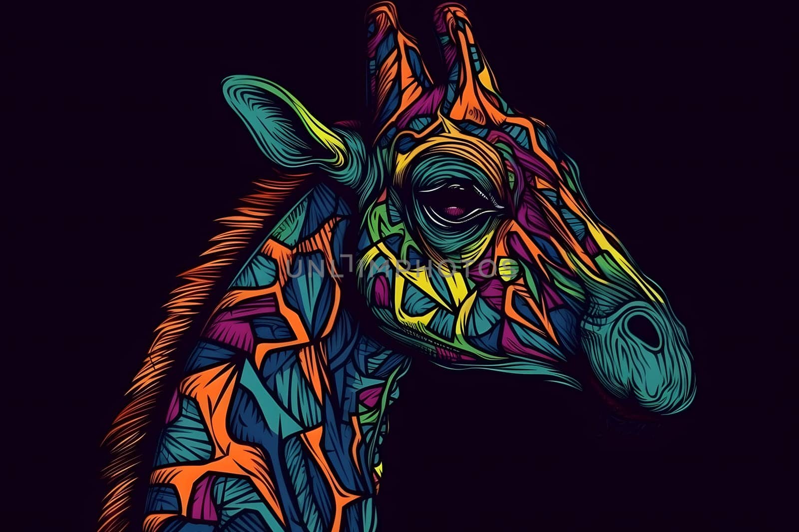 Rainbow art giraffe on a black background. Neural network AI generated art