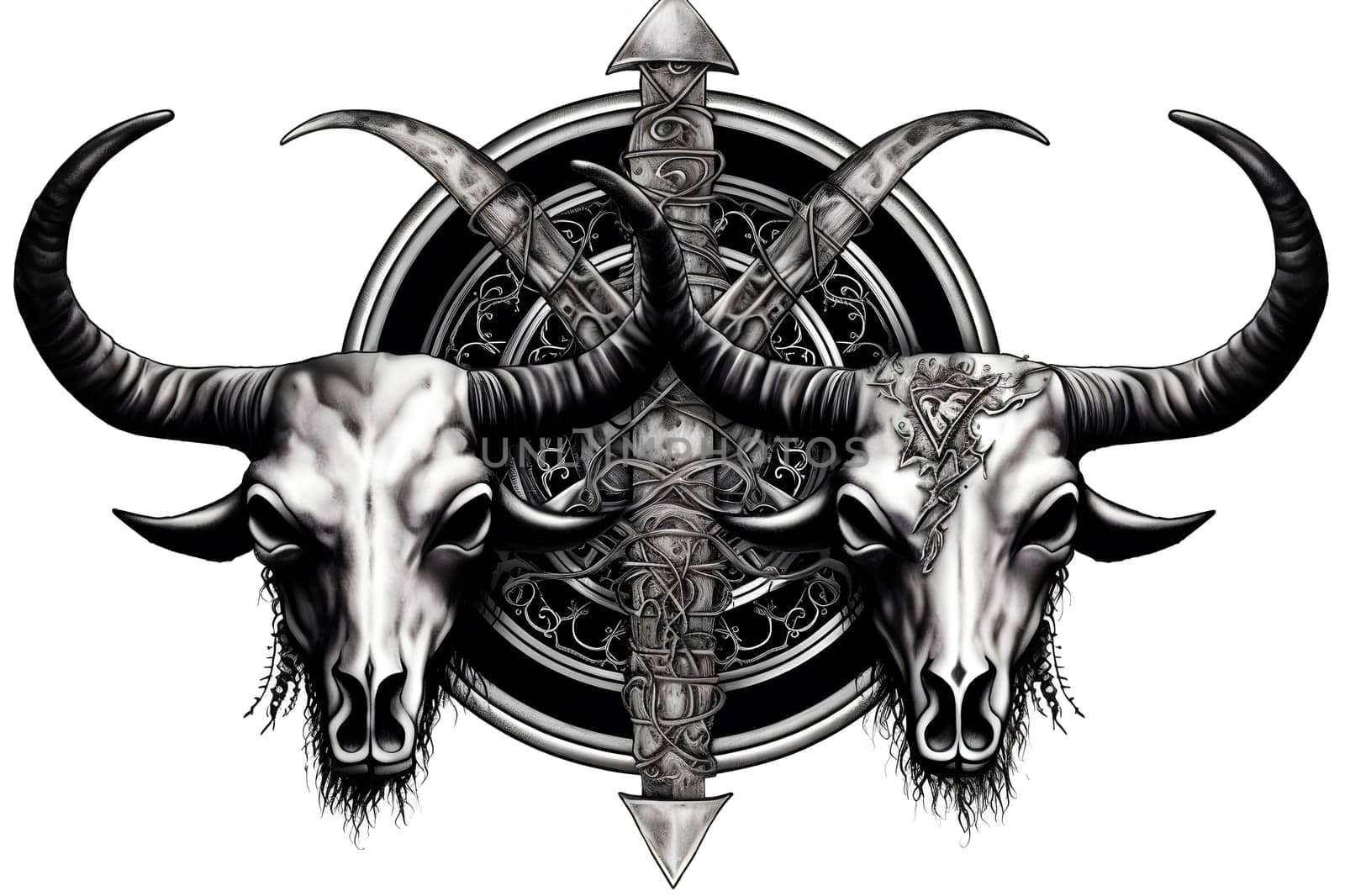Farm animals portrait. bull ram vintage tattoo sketch. Neural network AI generated art