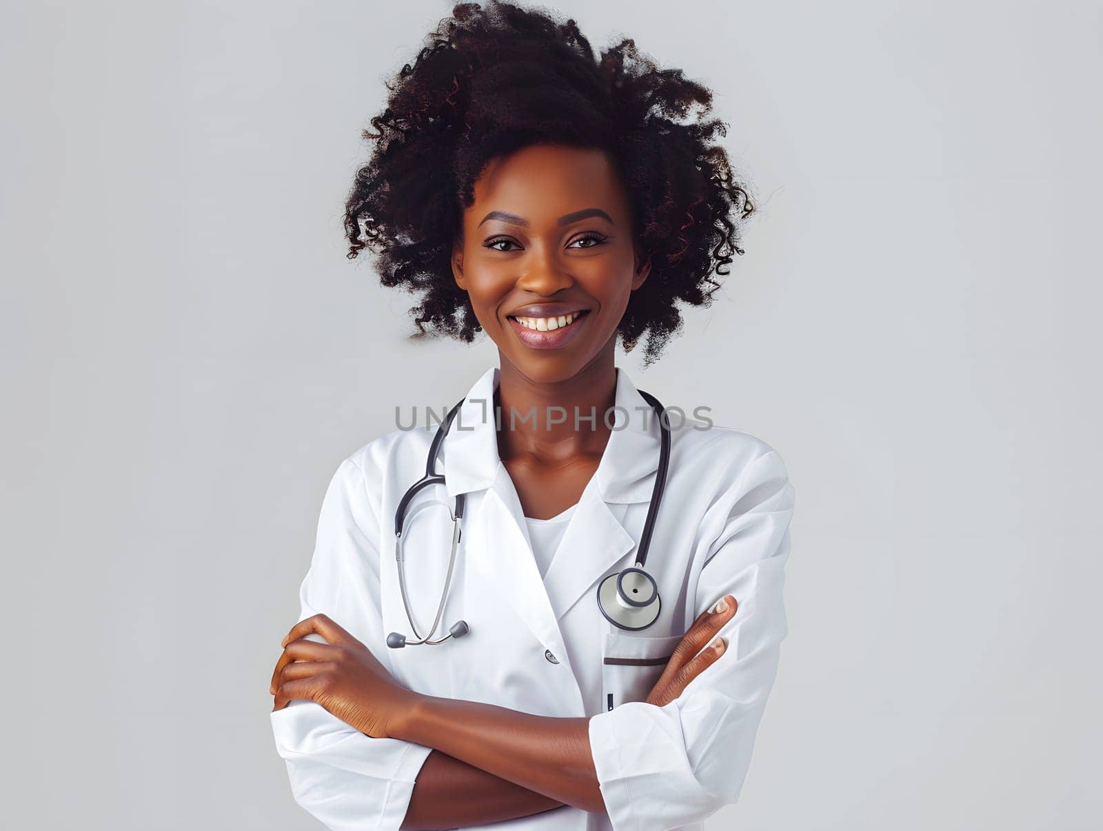 A beautiful Afro-American happy doctor in medical uniform