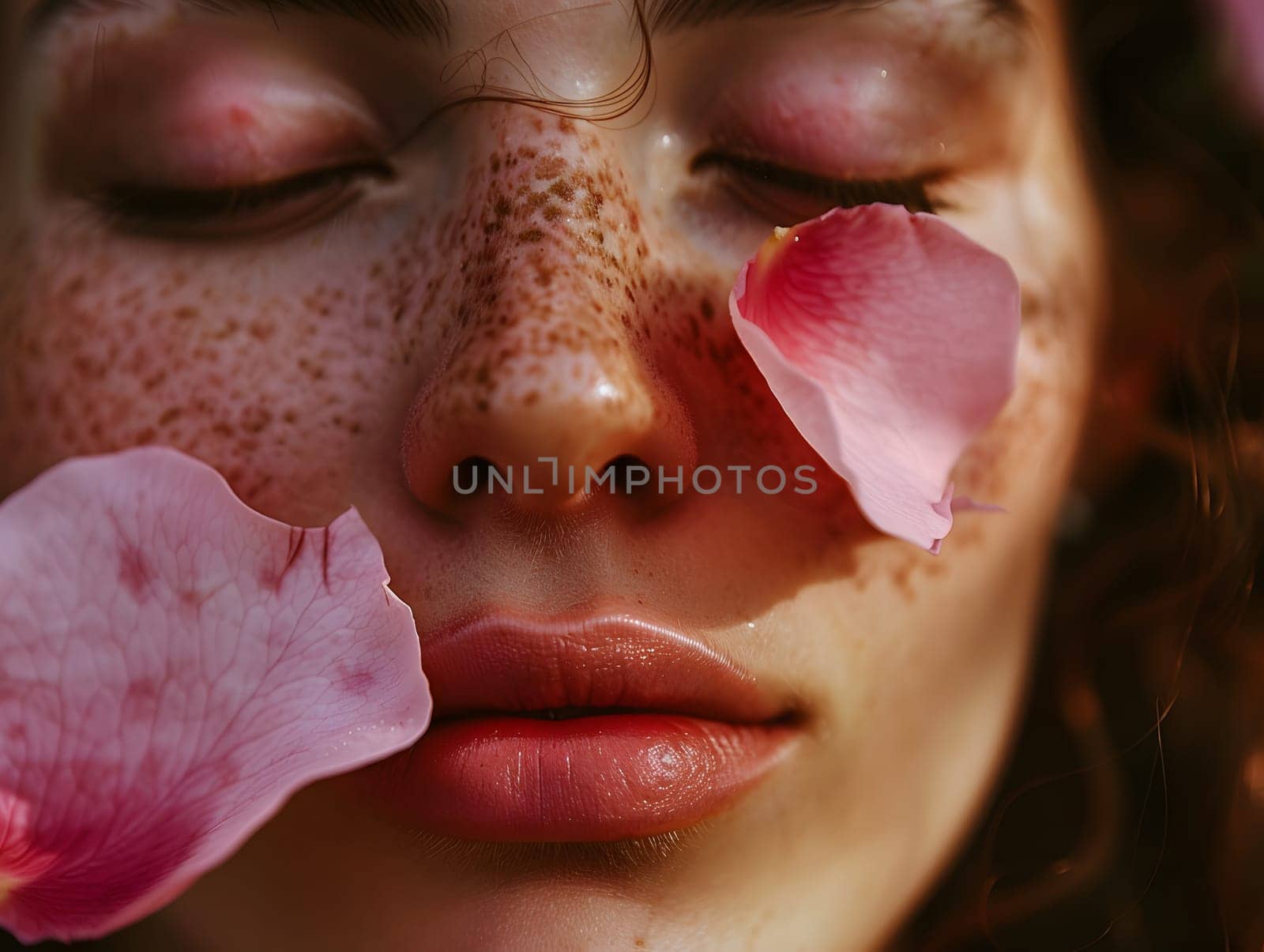 A close-up of a woman's face with closed eyes adorned with rose petals