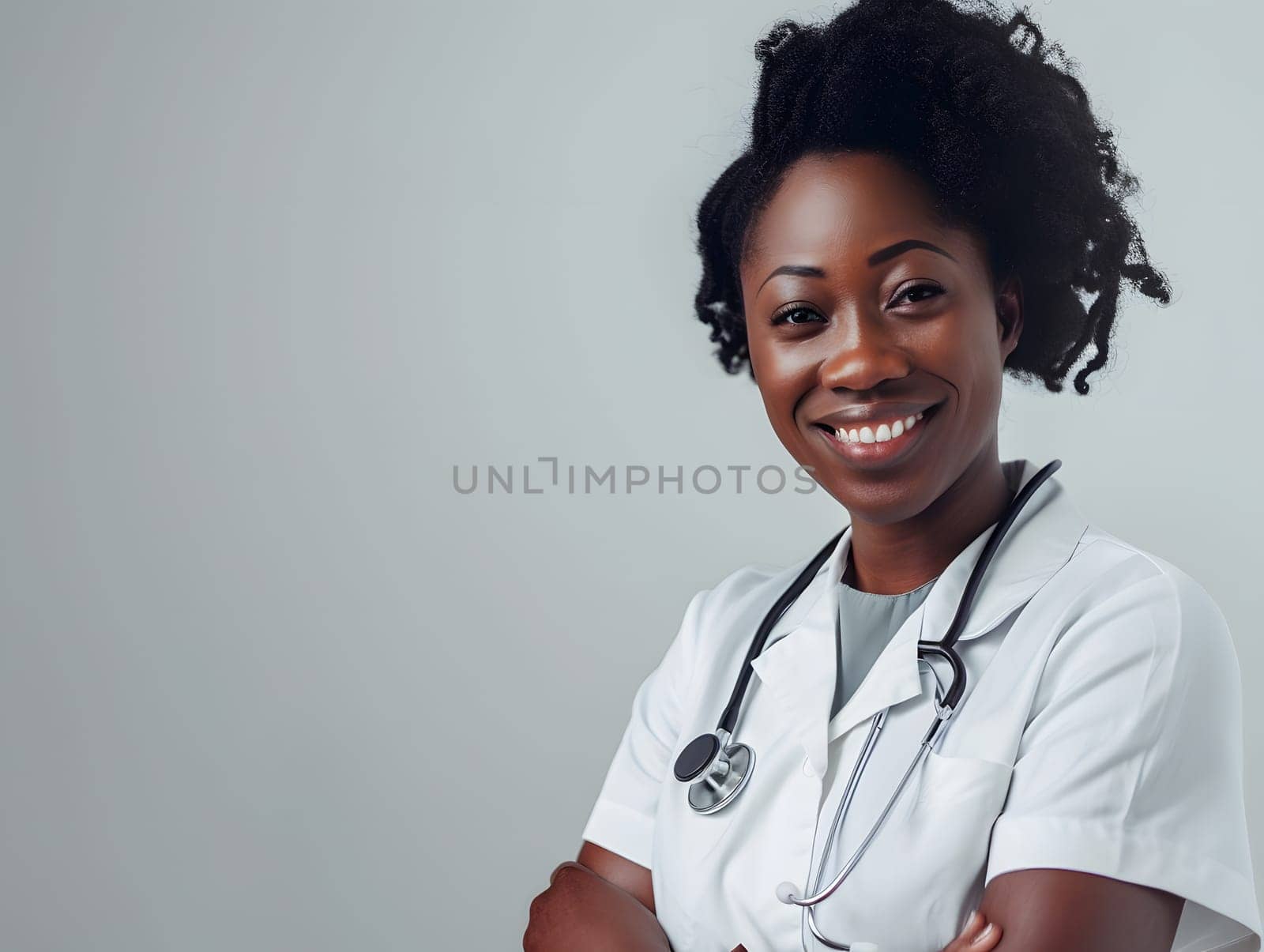 A beautiful Afro-American happy doctor in medical uniform
