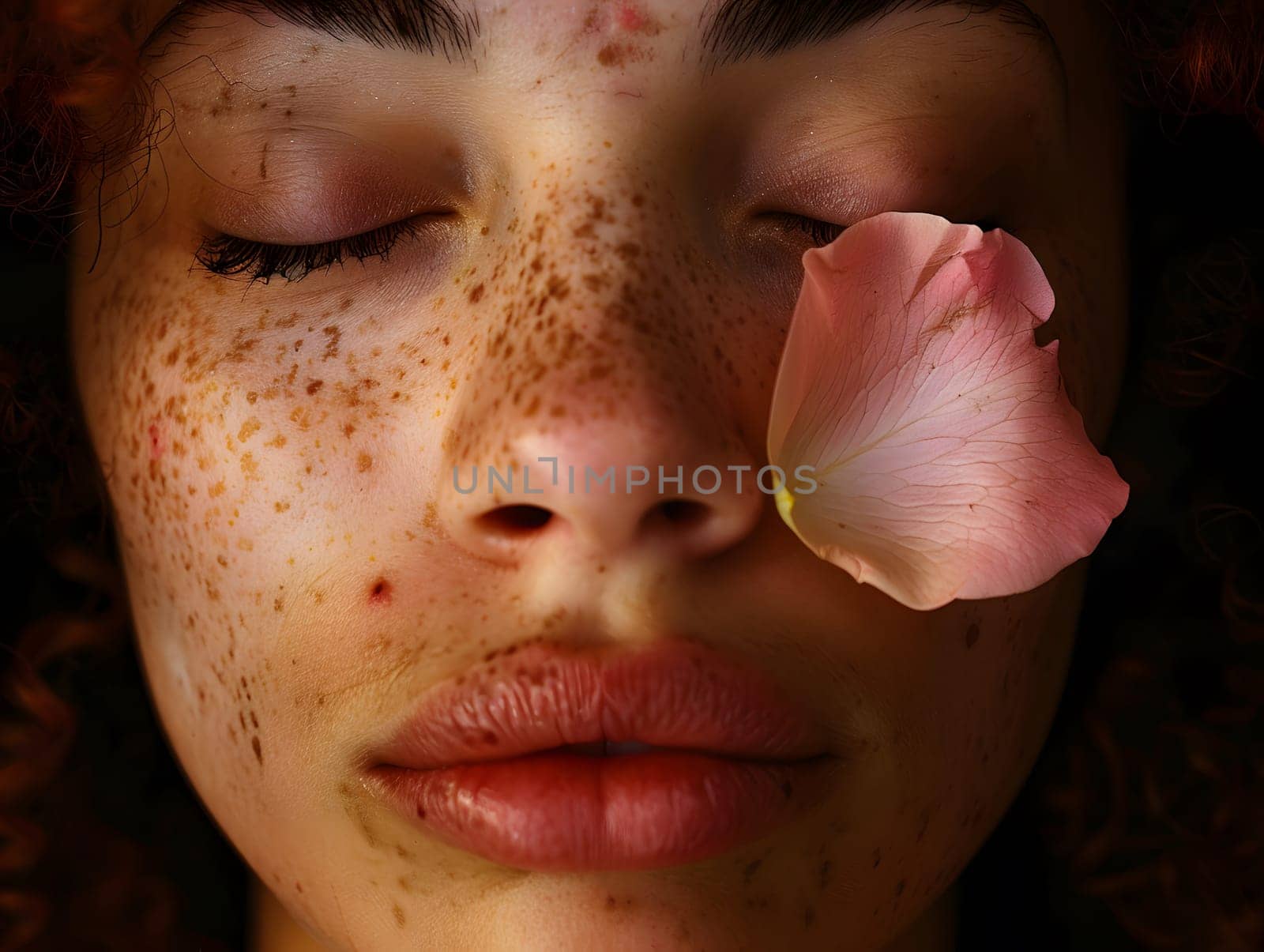 A close-up of a woman's face with closed eyes adorned with rose petals