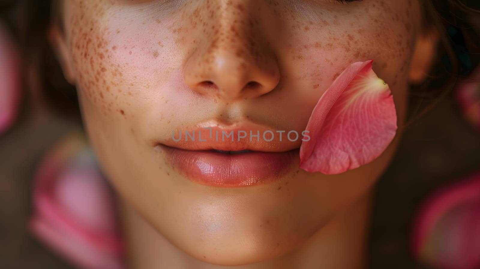 A close-up of a woman's face with closed eyes adorned with rose petals