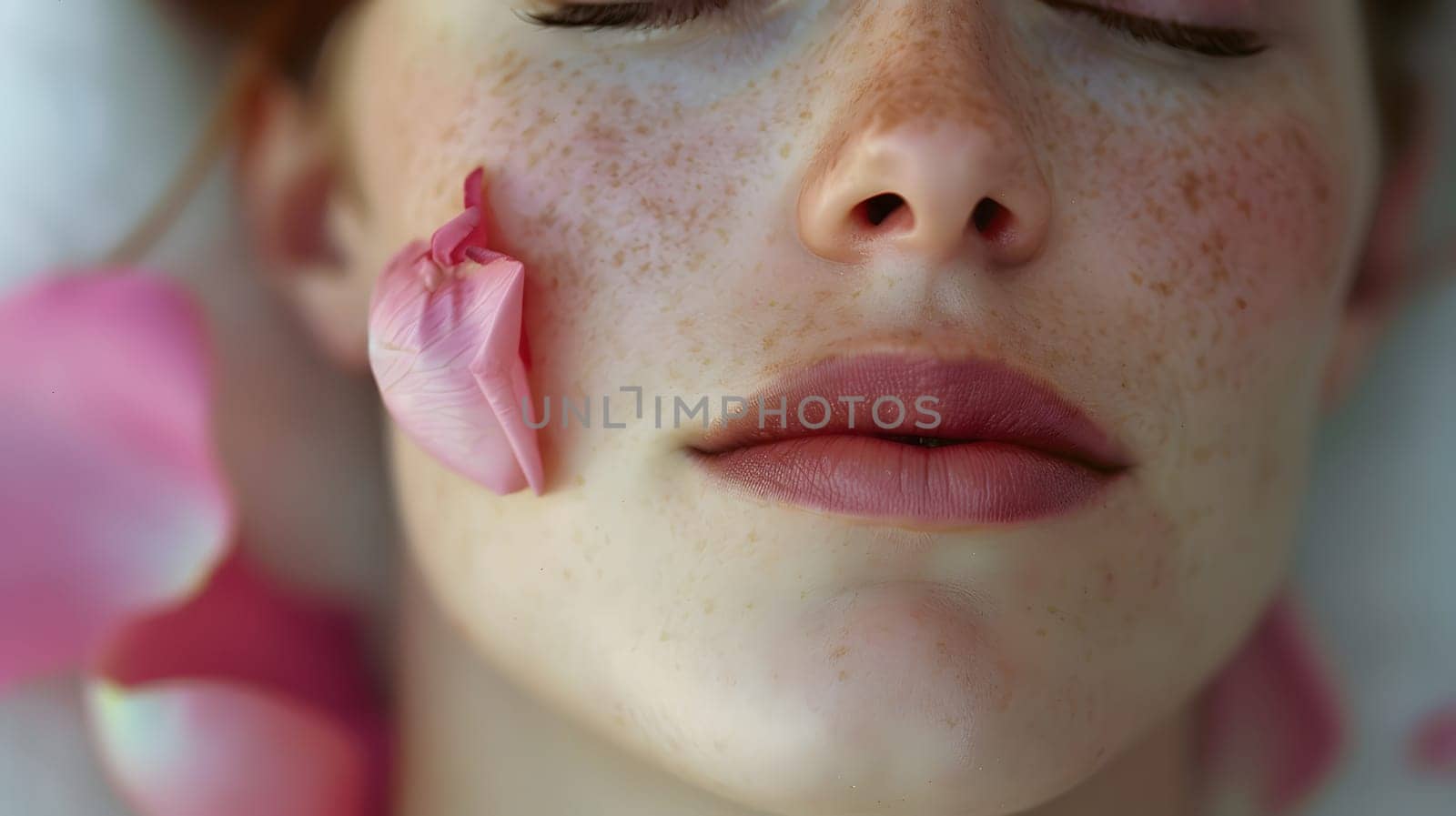 A close-up of a woman's face with closed eyes adorned with rose petals