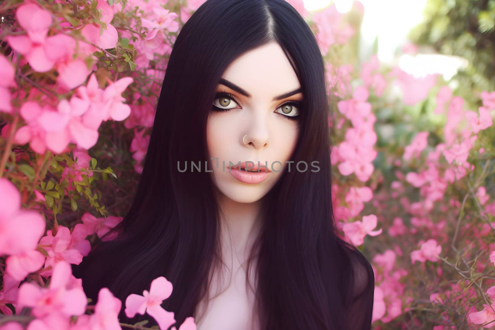 Young beautiful girl in a blooming garden. Neural network AI generated art