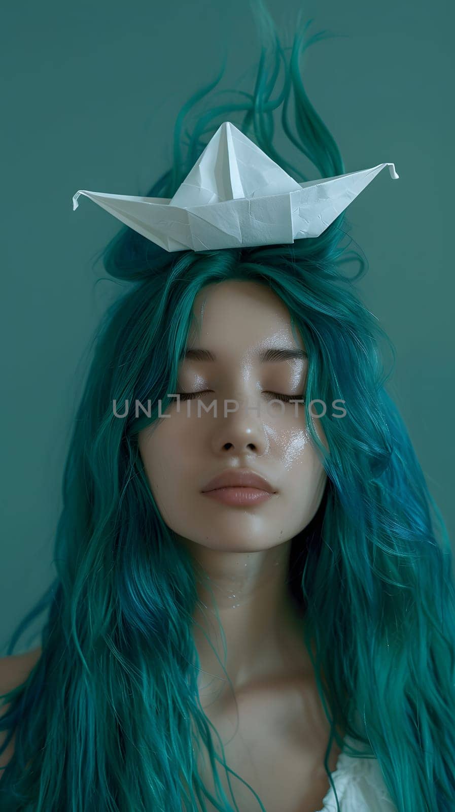 A woman with long teal hair floating with an origami boat