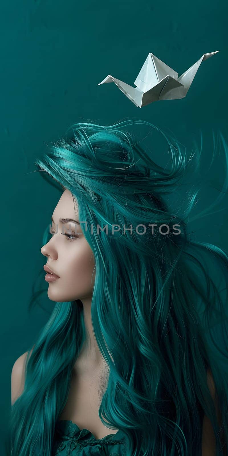A woman with long teal hair floating with an origami boat