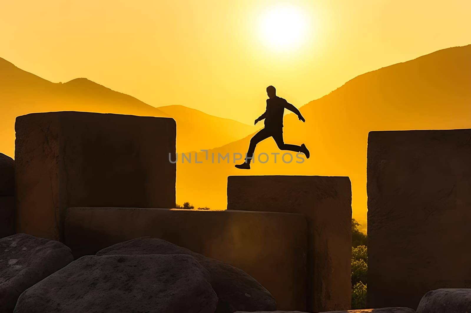 Silhouette of an extreme sportsman engaged in outdoor sports at sunset. Neural network AI generated art