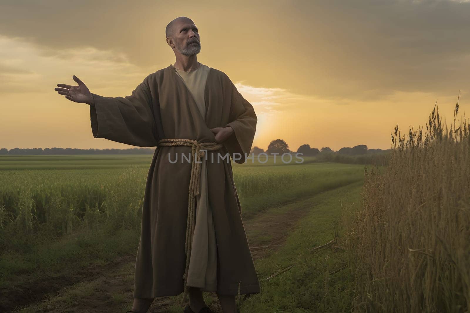 Man praying to God in the field. Neural network AI generated art