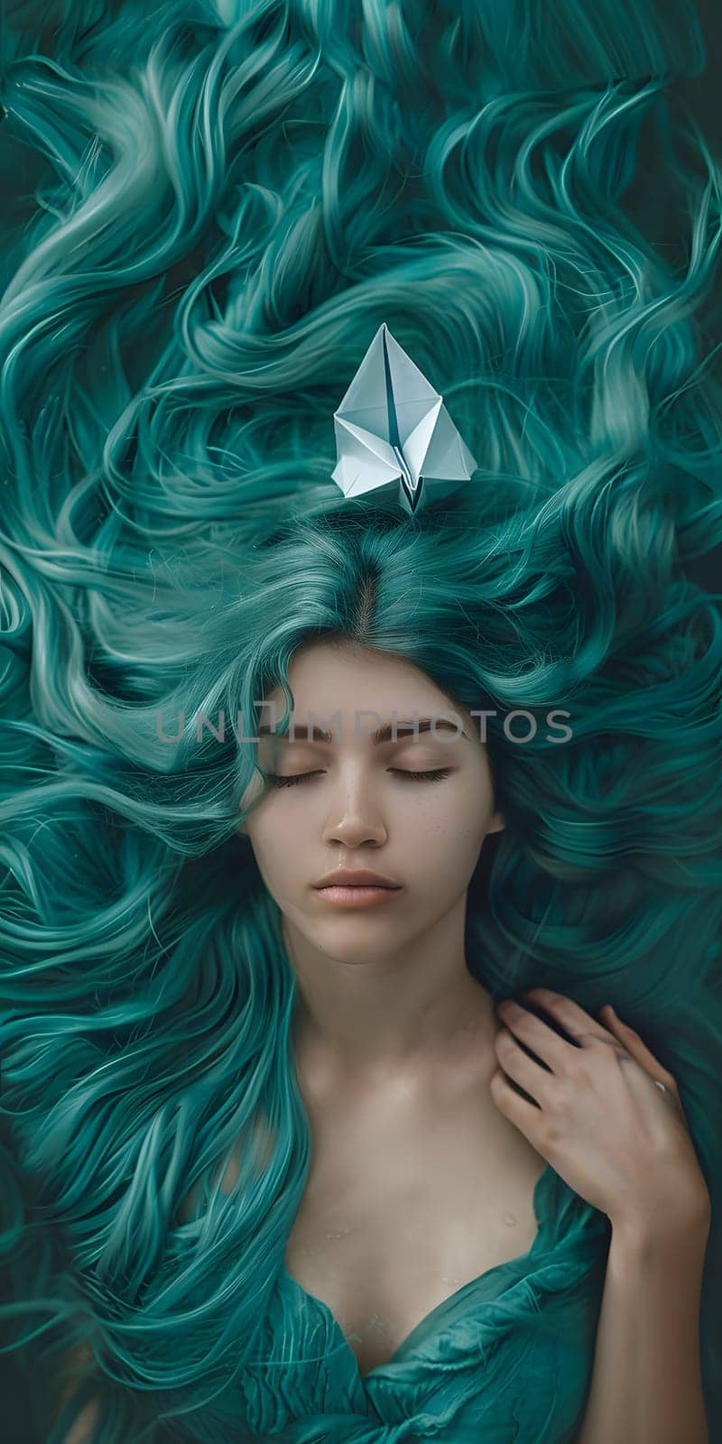 A woman with long teal hair floating with an origami boat