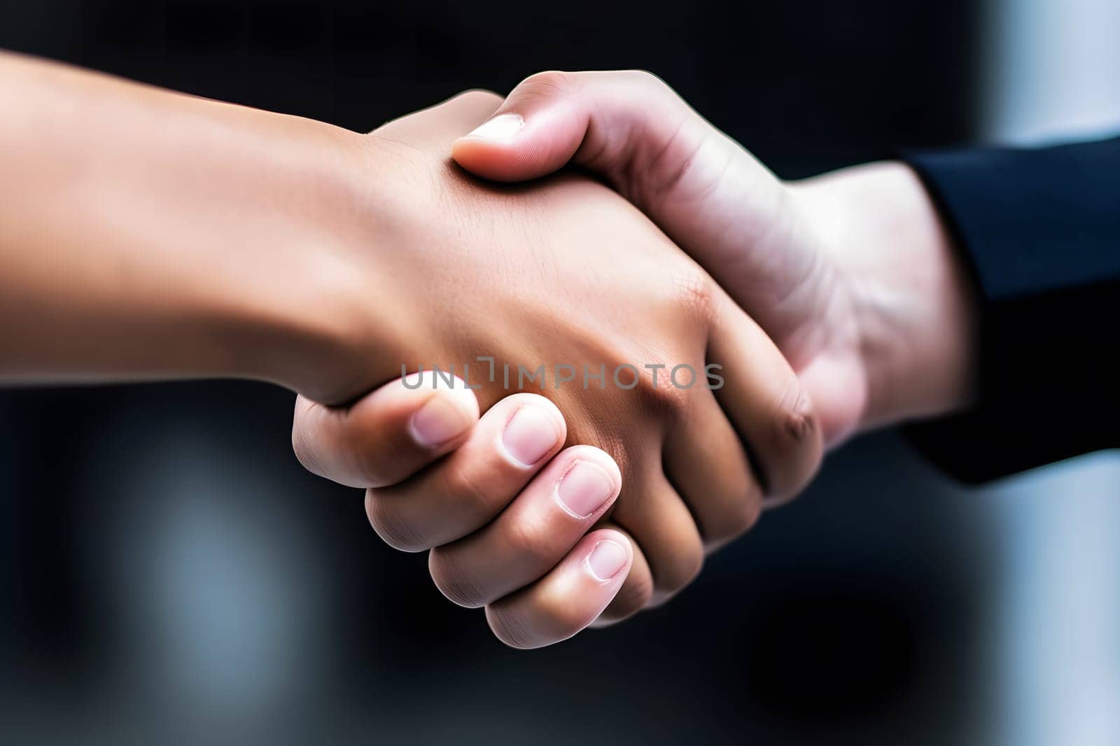 Business people in office suits standing and shaking hands, close-up. Business communication concept. Neural network AI generated art