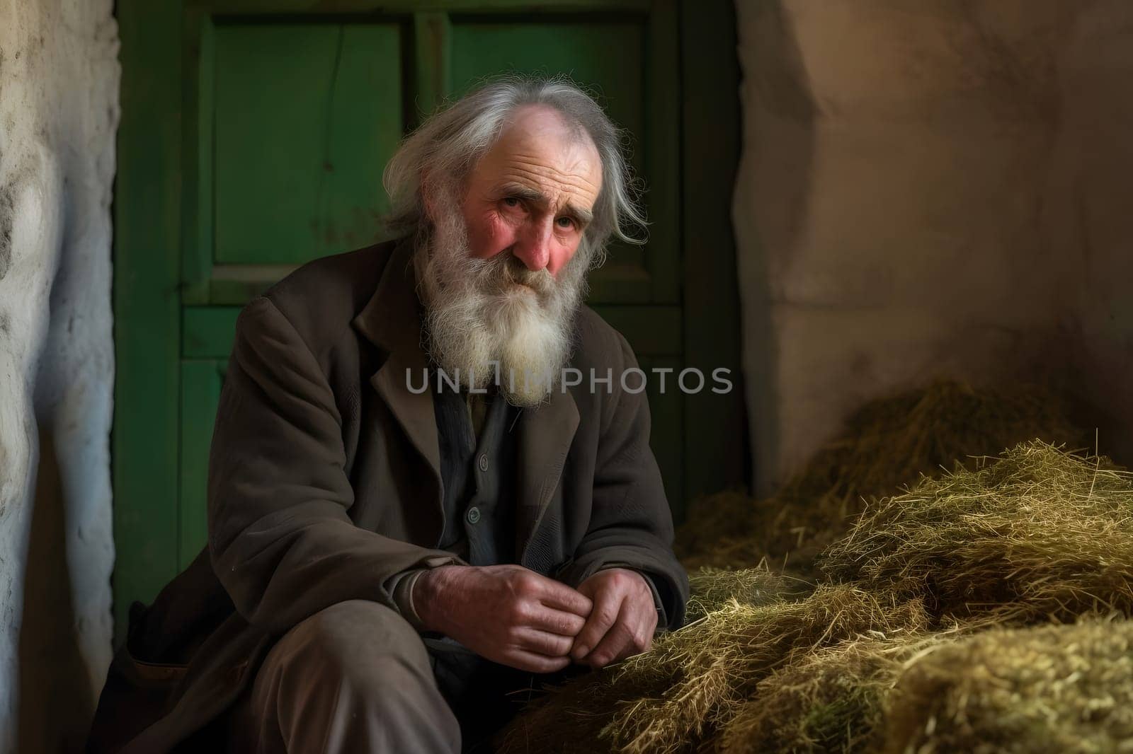 Portrait of an old male farmer with hay supplies. Neural network AI generated art