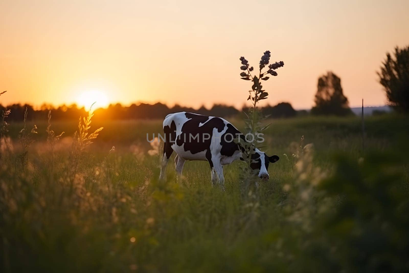 Cows in field sunset in the evening. Neural network AI generated art