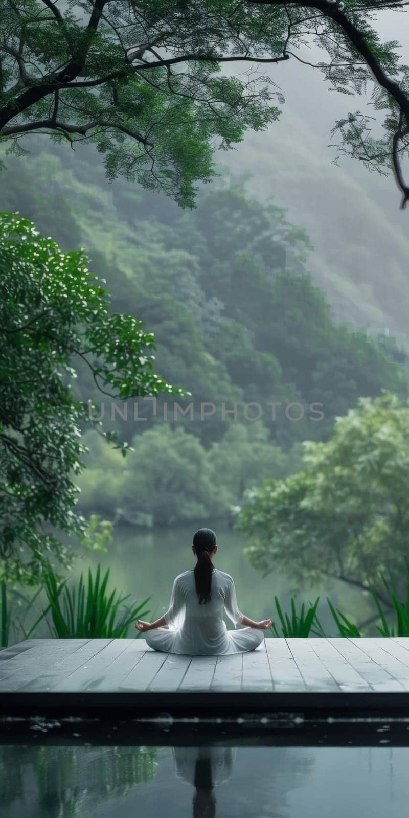 Simple and elegant scene of an ageless woman practicing mindfulness in a minimalist outdoor setting.