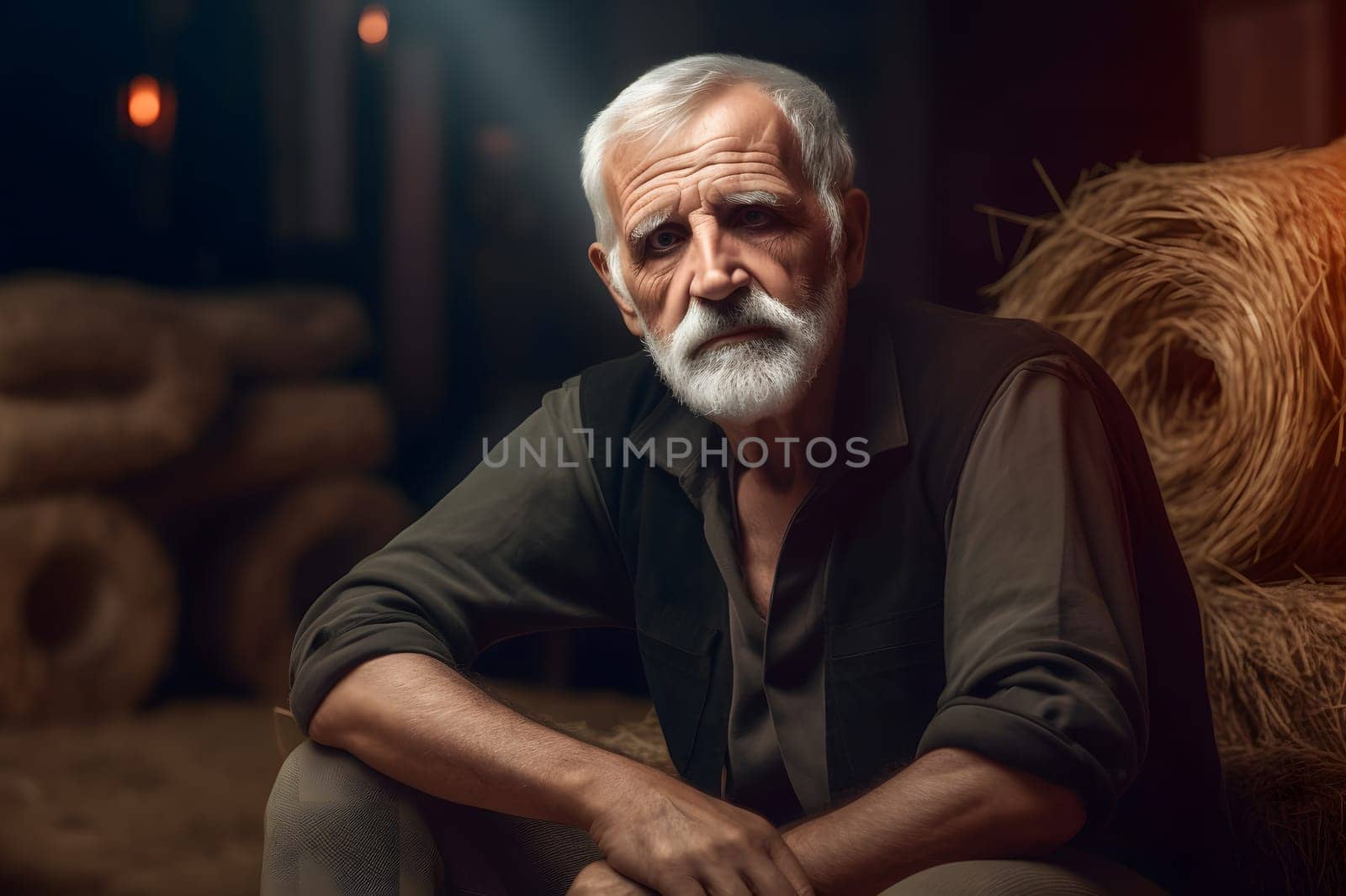 Portrait of an old male farmer with hay supplies. Neural network AI generated art
