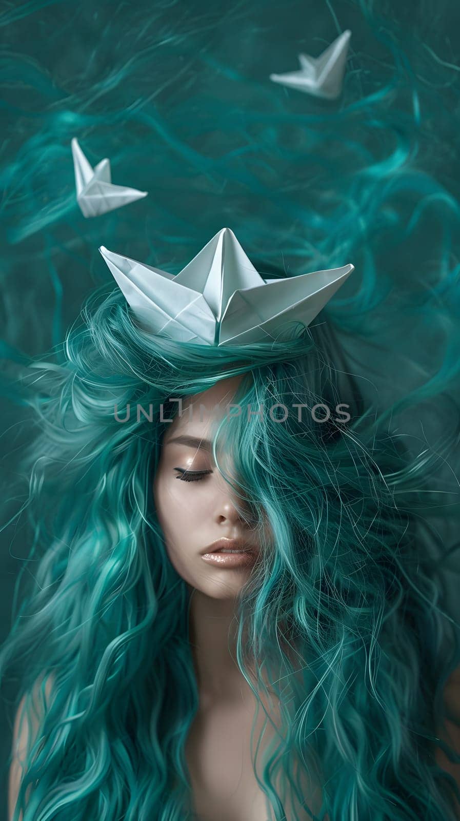 A woman with long teal hair floating with an origami boat