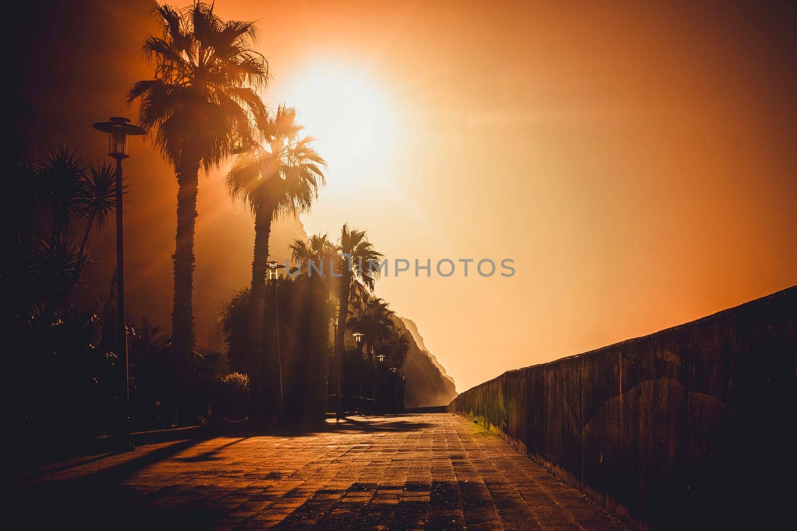 View on ocean promenade in Jadim do Mar, Madeira, Portugal, during sunset