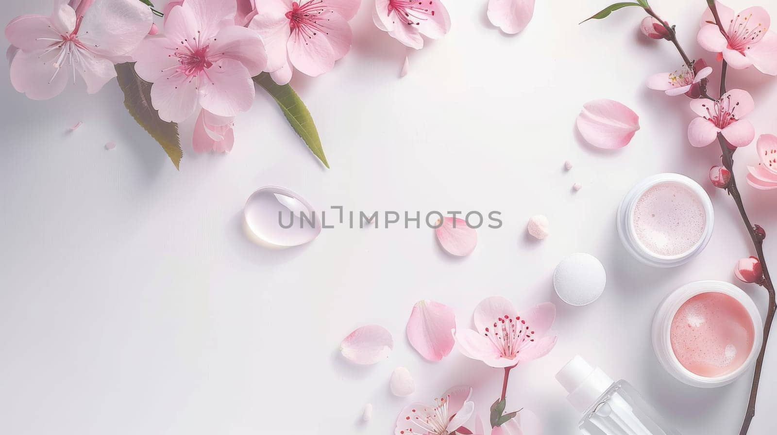 Tranquil composition of beauty and wellness products with clear space for text overlay