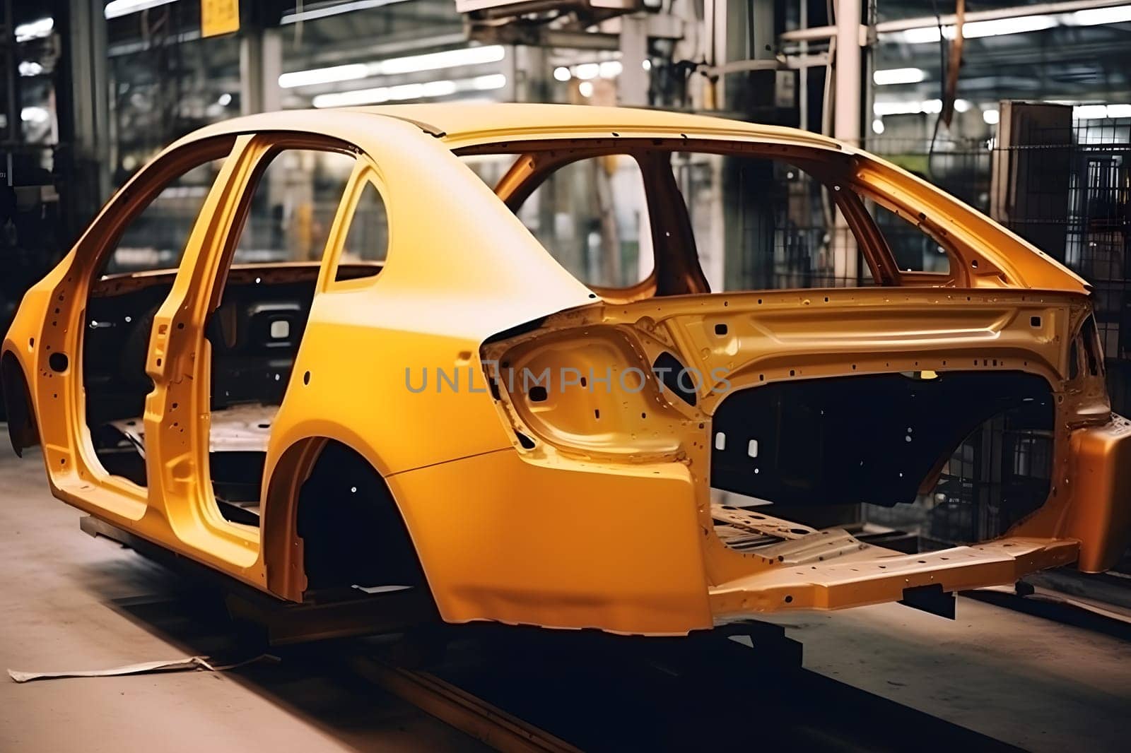Car bodies are on Assembly line. Factory for production of cars. Neural network AI generated art