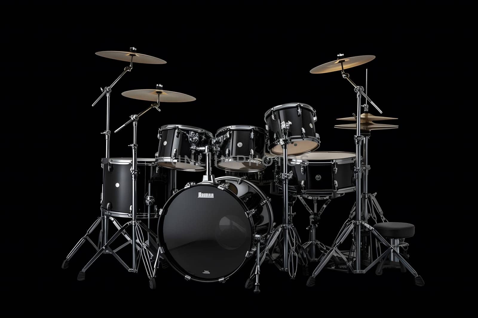 Drum set on dark stage background. Neural network AI generated art