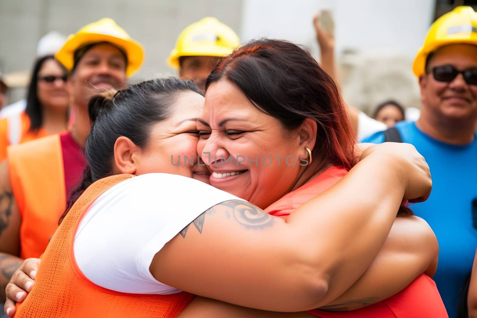 Happy female worker shaking hands with construction engineer. Neural network AI generated art
