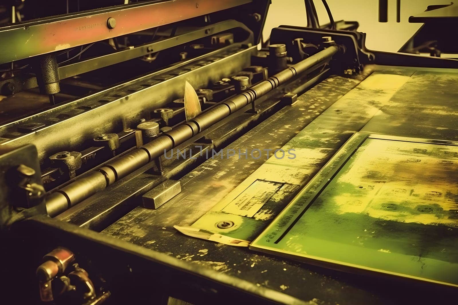 Large offset printing press or magazine running. Neural network AI generated art