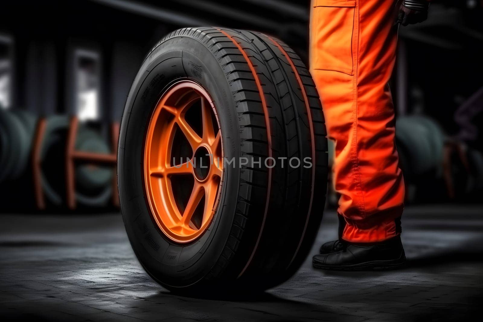Car tire service and hands of mechanic holding new tyre. Neural network AI generated art