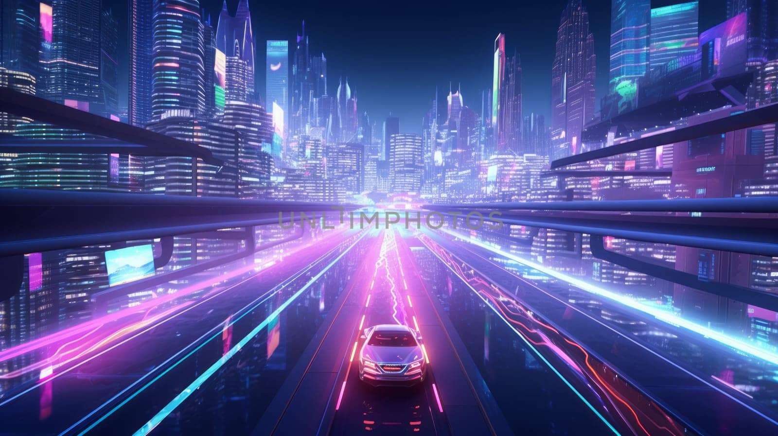 Retro-futuristic 80s style drive in neon city. Cyberpunk sunset landscape with a moving car on a highway road. Neural network AI generated art