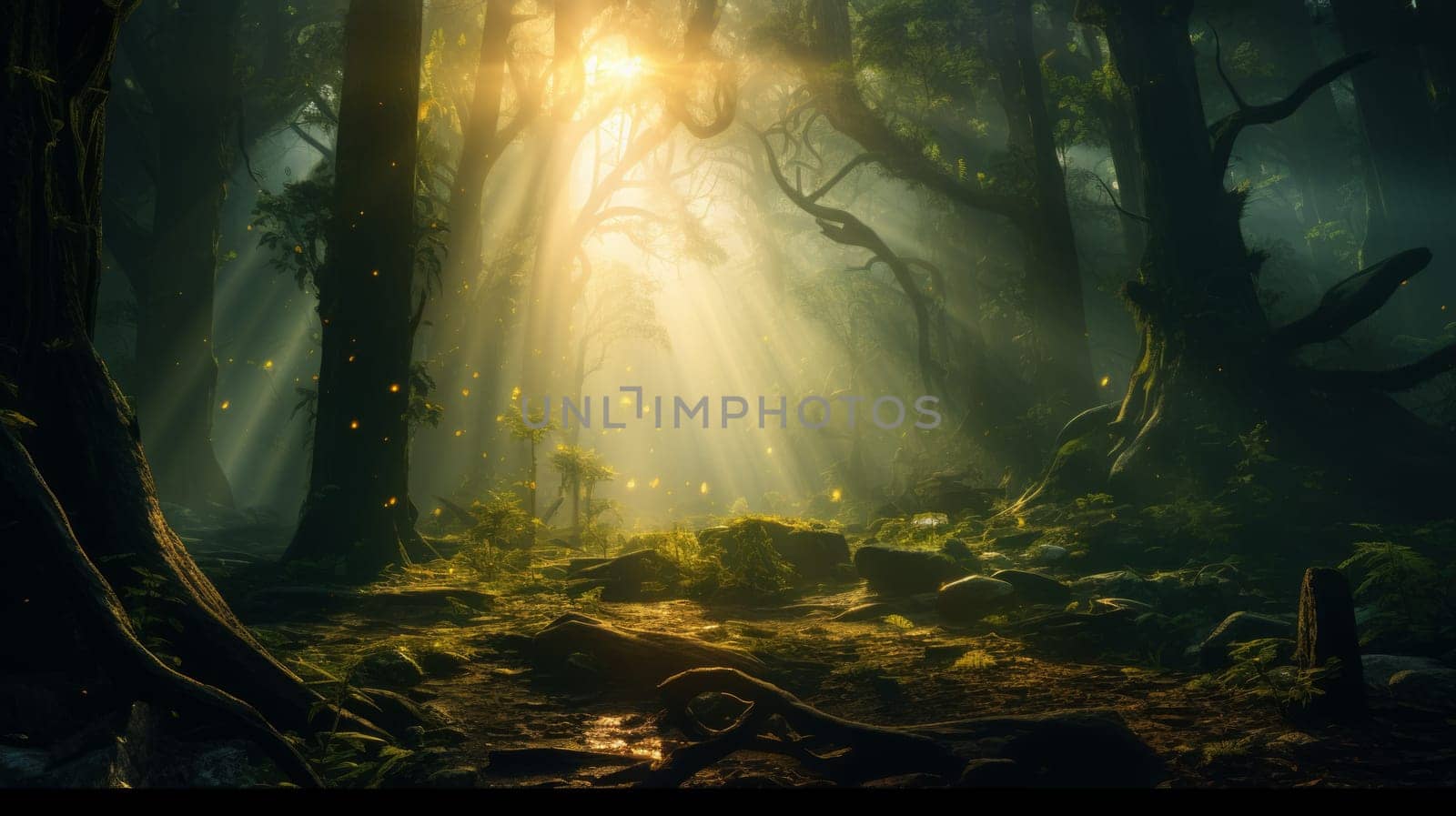 Landscape of sun rays in the forest. Neural network AI generated art