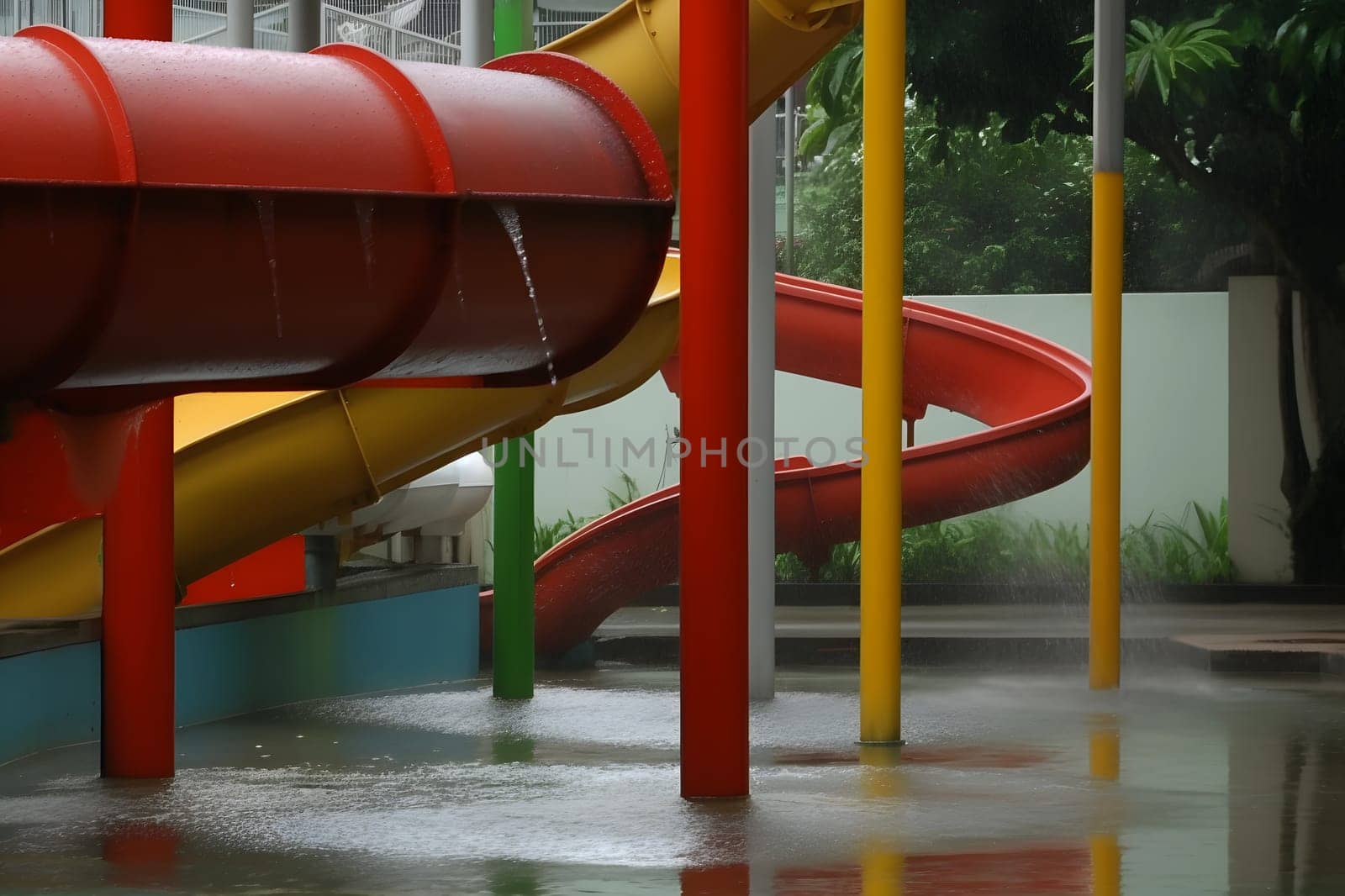 Beautiful view of water park with colorful slides and swimming pool on sunny day. Neural network AI generated art
