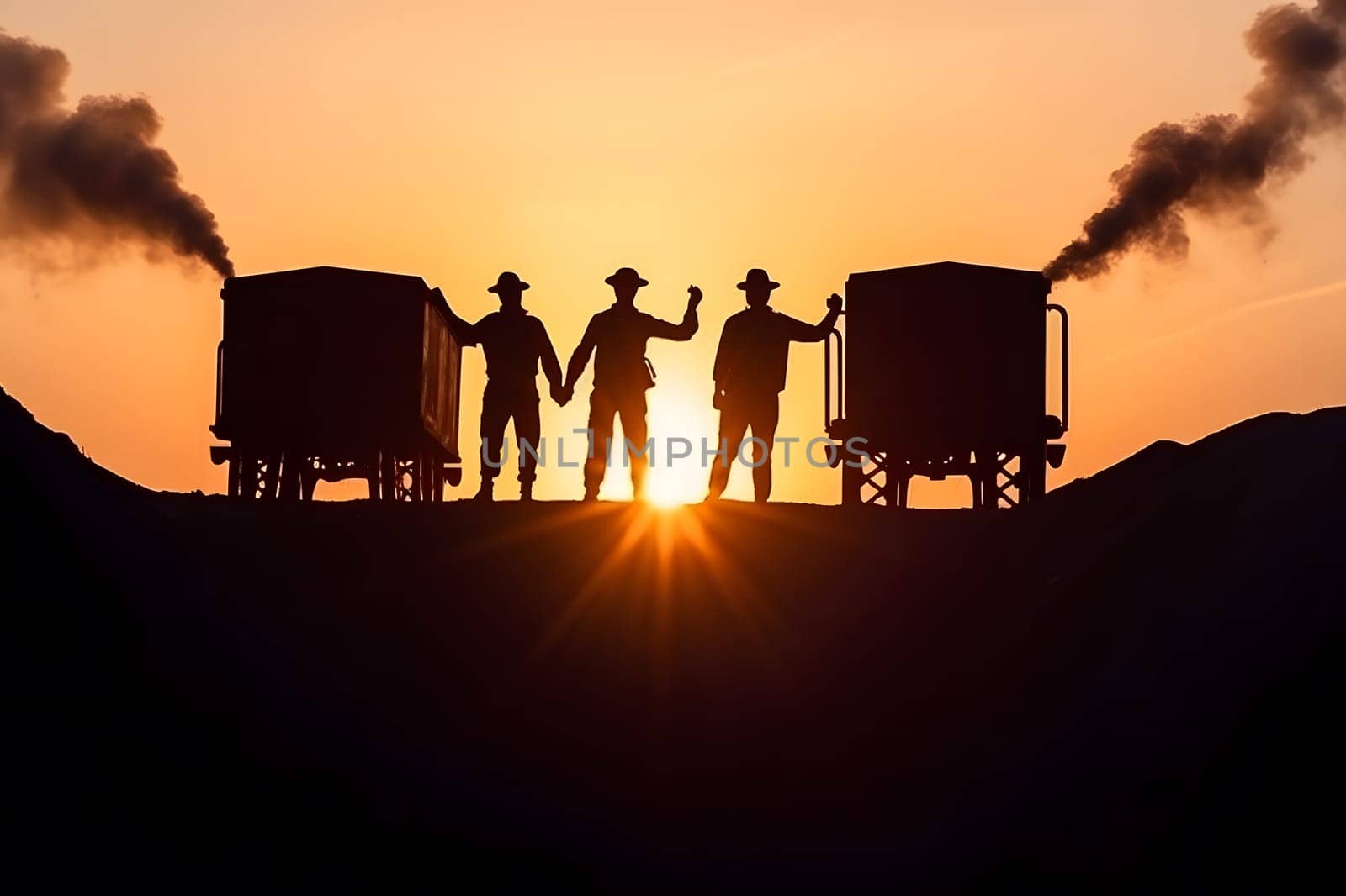 Silhouettes of workers in the mine. Neural network AI generated art