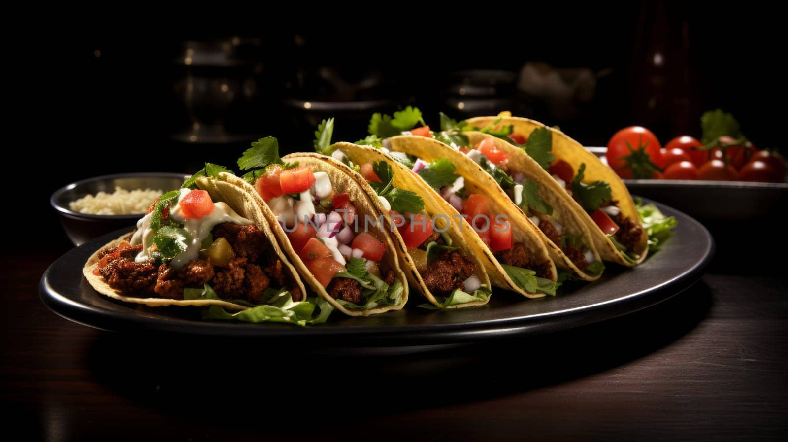 American Soft Shell Beef Tacos with Lettuce Tomato Cheese. Neural network AI generated art