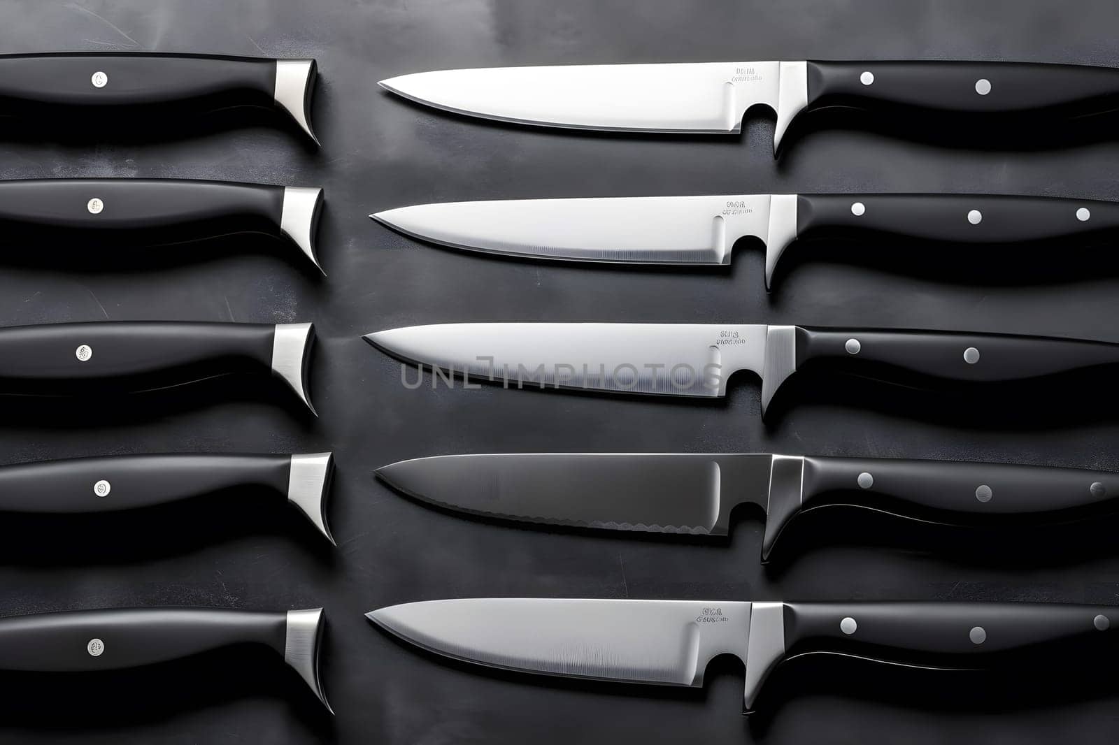 set of kitchen knives on a wooden table. Neural network AI generated art