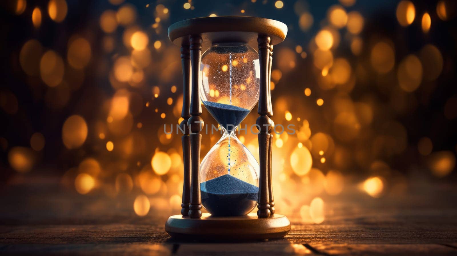 Sand running through the bulbs of an hourglass measuring the passing time in a countdown to a deadline, on a dark background. Neural network AI generated art