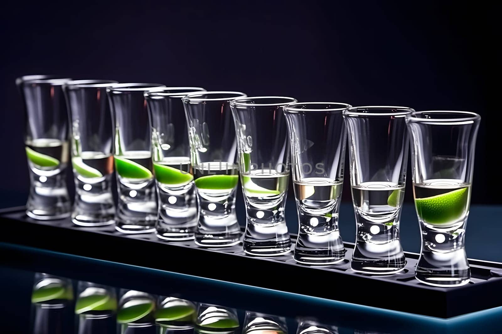 Shot glasses with tequila on bar counter. Neural network AI generated art