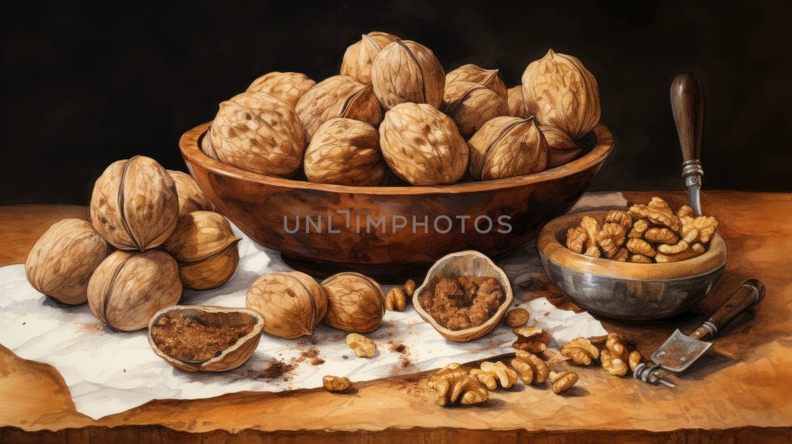 Rustic still life of dried fruits, roasted almonds in wooden bowl. Neural network AI generated art